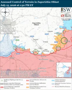 Assessed Control of Terrain in Zaporizhia Oblast, July 15, 2026 at 1:30 PM ET