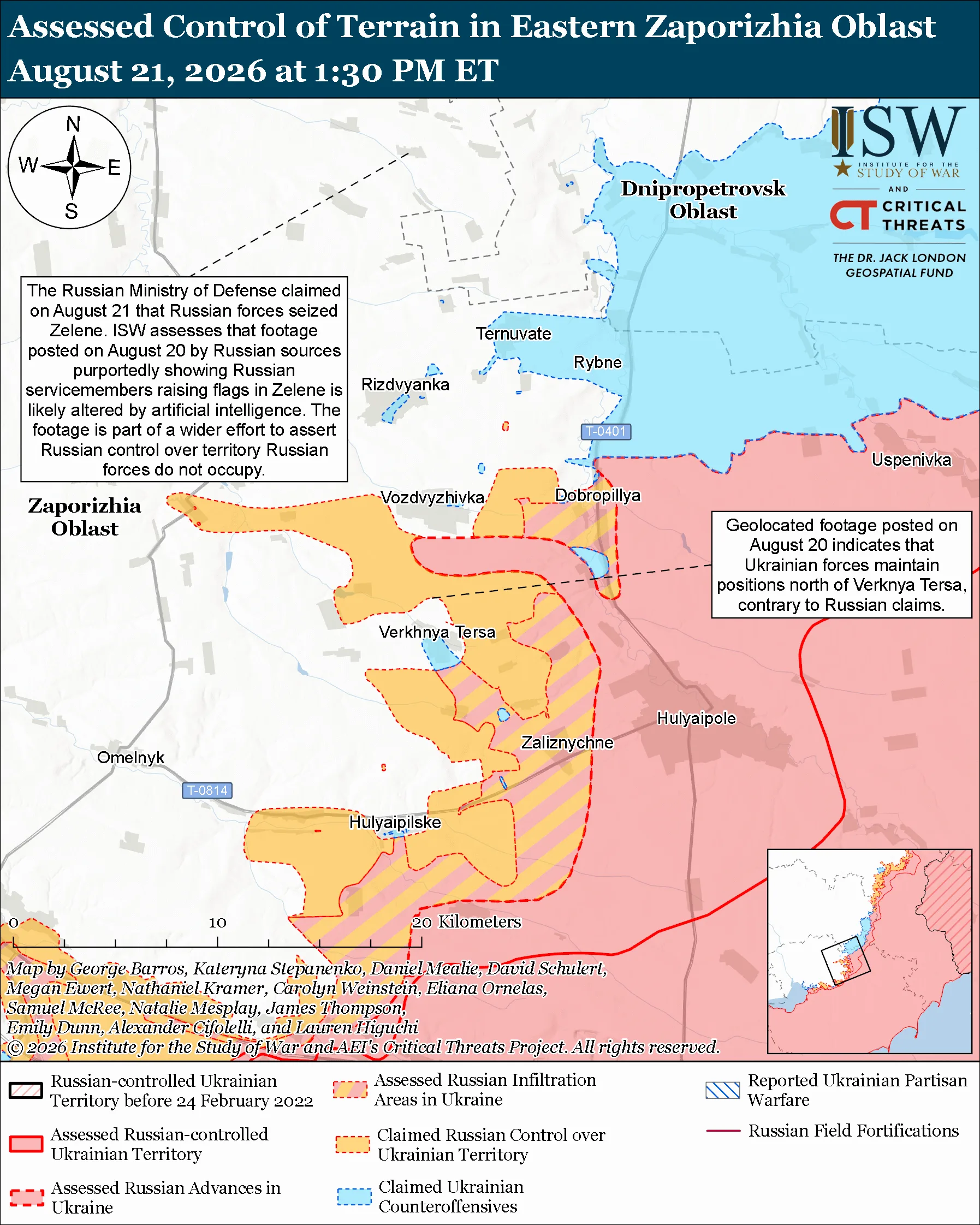 Assessed Control of Terrain in Eastern Zaporizhia Oblast, August 21, 2026 at 1:30 PM ET