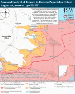 Assessed Control of Terrain in Eastern Zaporizhia Oblast, August 26, 2026 at 1:30 PM ET