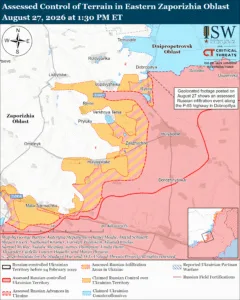 Assessed Control of Terrain in Eastern Zaporizhia Oblast, August 27, 2026 at 1:30 PM ET