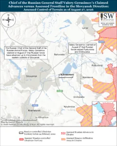 Chief of the Russian General Staff Valery Gerasimov’s Claimed Advances versus Assessed Frontline in the Slovyansk Direction: Assessed Control of Terrain as of August 27, 2026