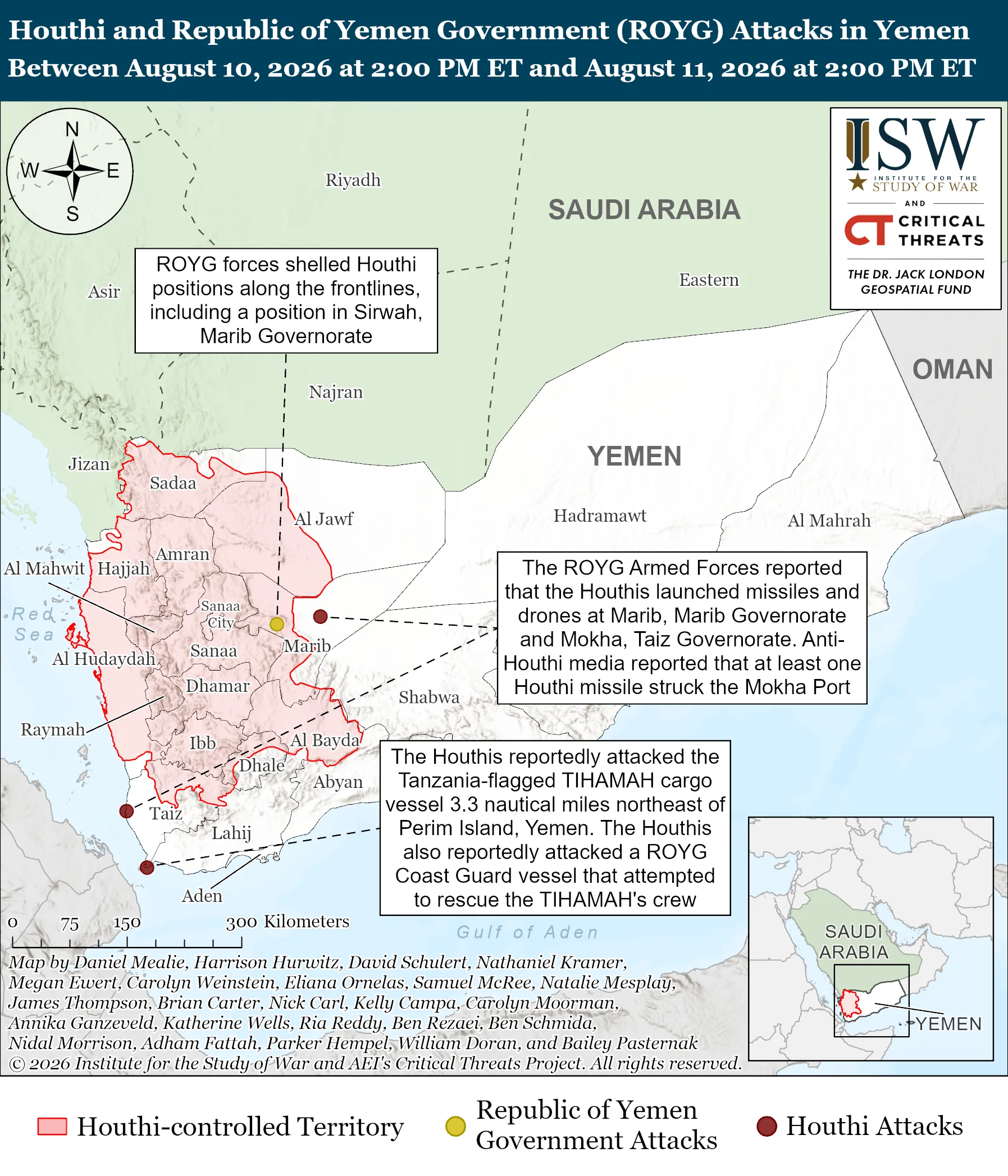Houthi and Republic of Yemen Government (ROYG) Attacks in Yemen Between August 10, 2026 at 2:00 PM ET and August 11, 2026 at 2:00 PM ET