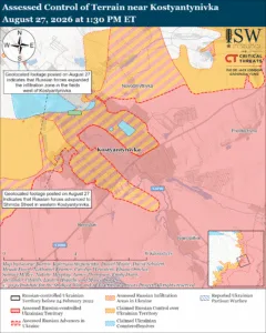 Assessed Control of Terrain near Kostyantynivka, August 27, 2026 at 1:30 PM ET
