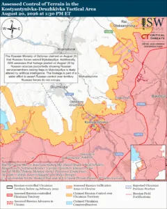 Assessed Control of Terrain in the Kostyantynivka-Druzhkivka Tactical Area, August 20, 2026 at 1:30 PM ET