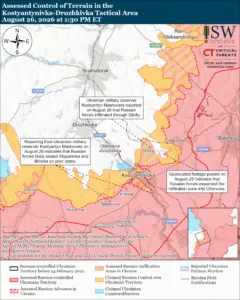 Assessed Control of Terrain in the Kostyantynivka-Druzhkivka Tactical Area, August 26, 2026 at 1:30 PM ET