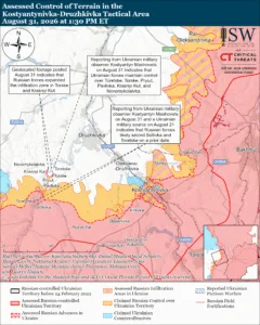 Assessed Control of Terrain in the Kostyantynivka-Druzhkivka Tactical Area, August 31, 2026 at 1:30 PM ET