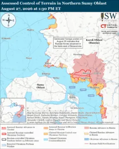 Assessed Control of Terrain in Northern Sumy Oblast, August 27, 2026 at 1:30 PM ET