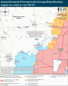 Assessed Control of Terrain in the Novopavlivka Direction, August 26, 2026 at 1:30 PM ET