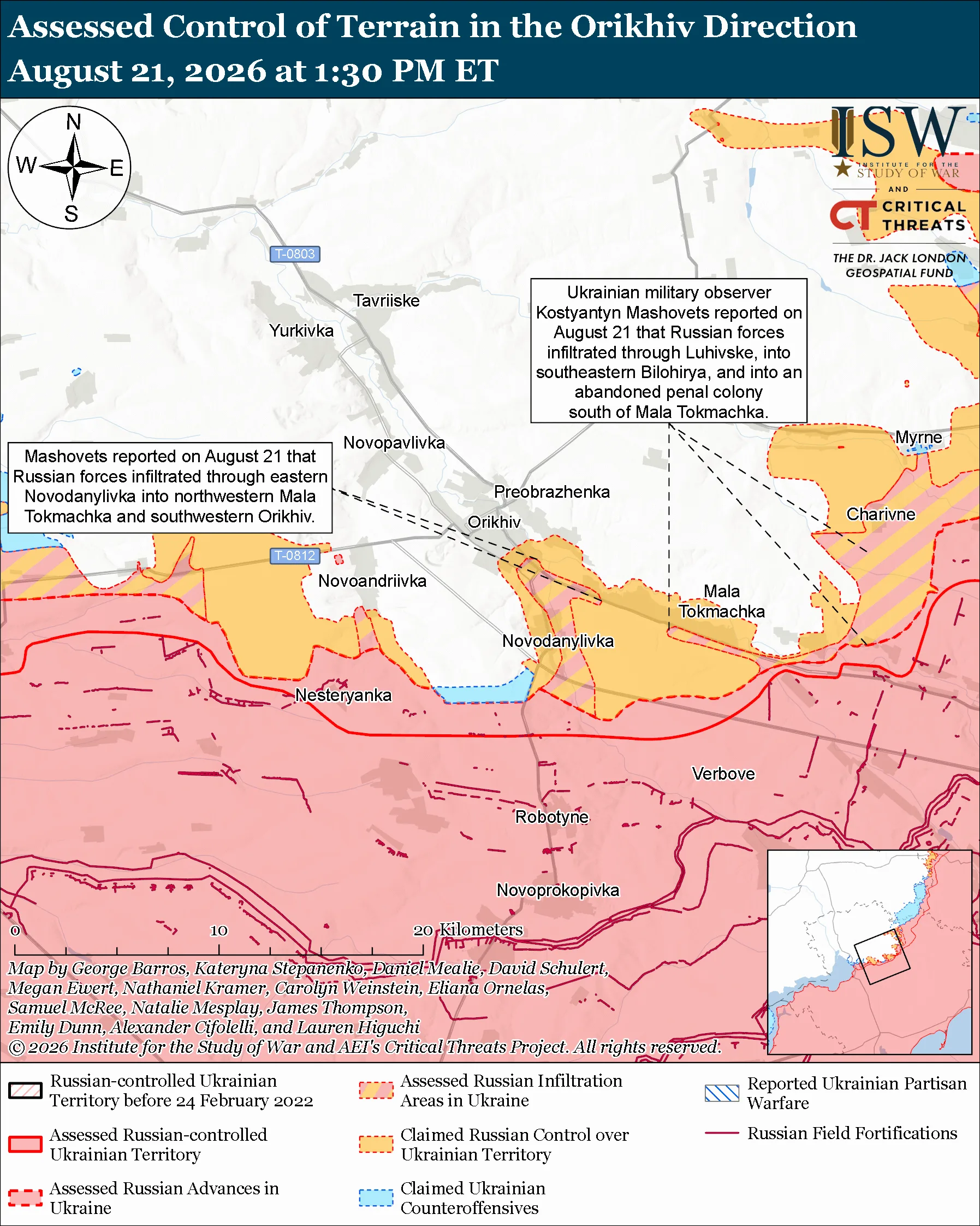 Assessed Control of Terrain in the Orikhiv Direction, August 21, 2026 at 1:30 PM ET