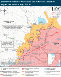 Assessed Control of Terrain in the Pokrovsk Direction, August 20, 2026 at 1:30 PM ET