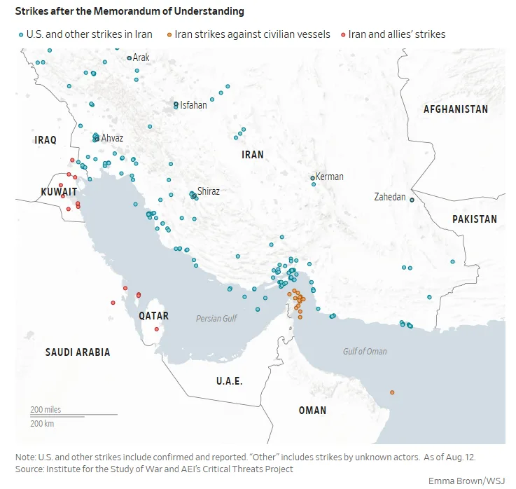 Wall Street Journal, August 16, 2026 Iran map Strikes after the Memorandum of Understanding, using ISW-CTP data