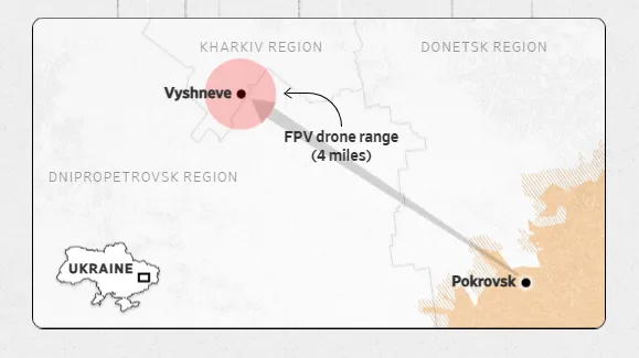 Wall Street Journal, August 13, 2026 map of FPV drone range in Ukraine using ISW data Wall Street Journal, August 13, 2026 map of FPV drone range in Ukraine using ISW data