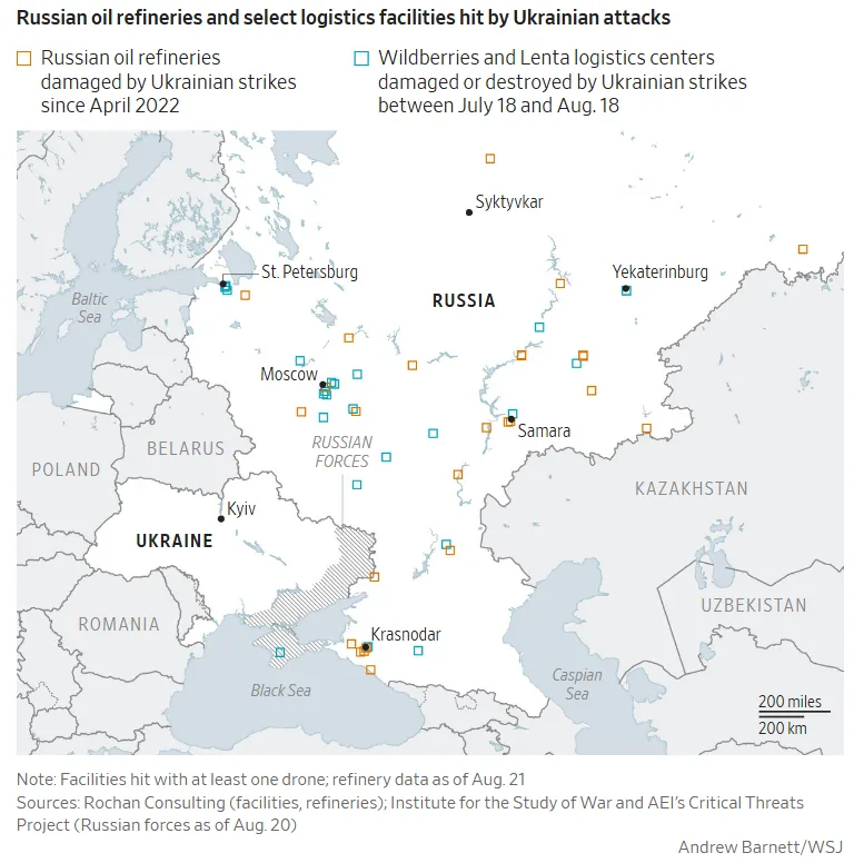 Wall Street Journal, August 26, 2026 map: Russian oil refineries and select logistics facilities hit by Ukrainian attacks, citing ISW-CTP