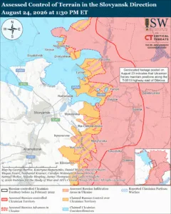 Assessed Control of Terrain in the Slovyansk Direction, August 24, 2026 at 1:30 PM ET