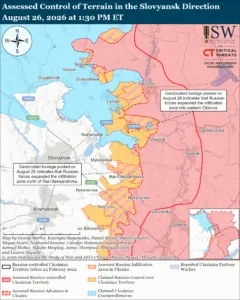 Assessed Control of Terrain in the Slovyansk Direction, August 26, 2026 at 1:30 PM ET