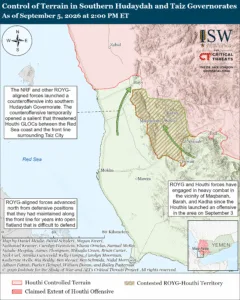 Control of Terrain in Southern Hudaydah and Taiz Governorates as of September 5, 2026 at 2:00 PM ET
