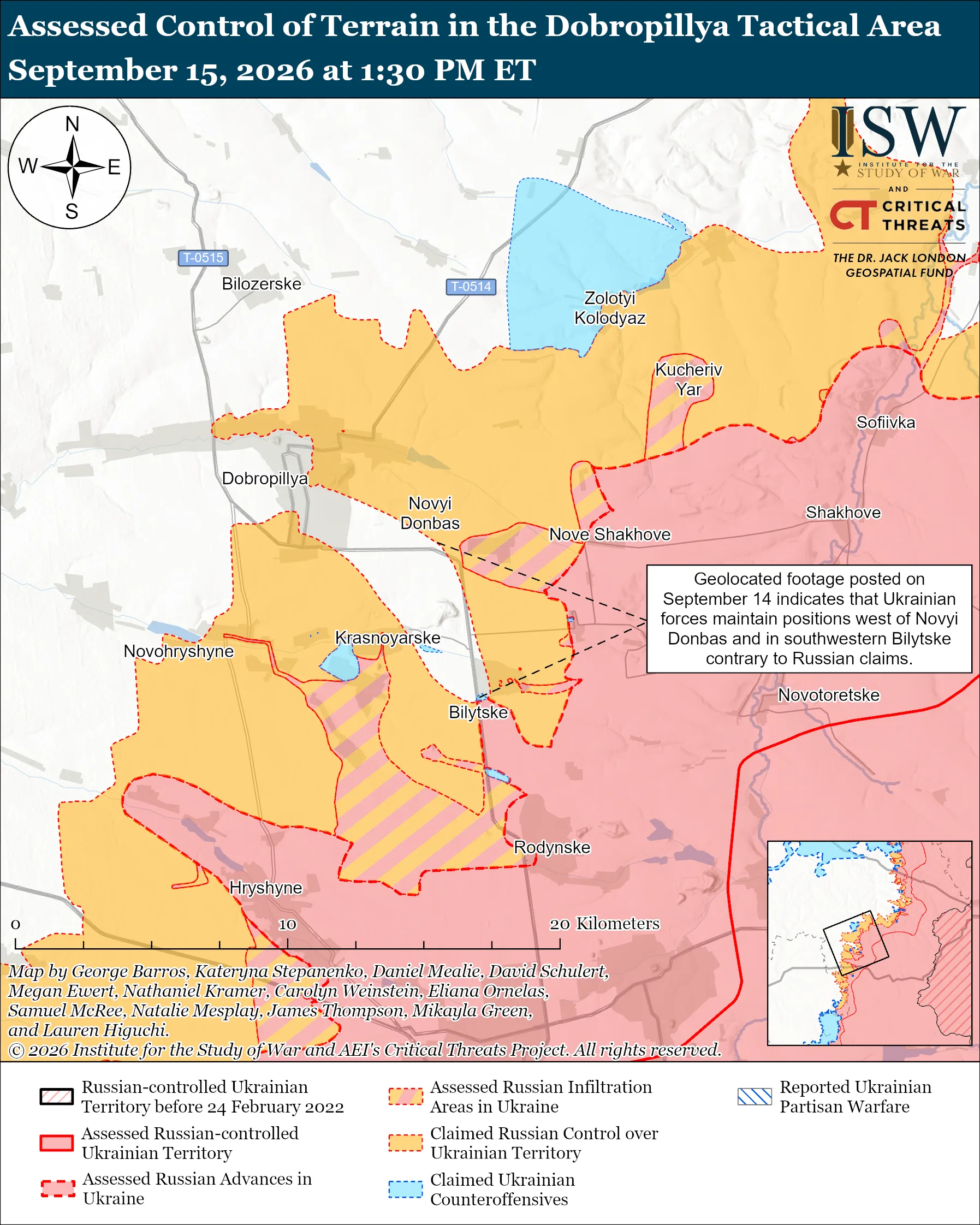 Assessed Control of Terrain in the Dobropillya Tactical Area, September 15, 2026 at 1:30 PM ET