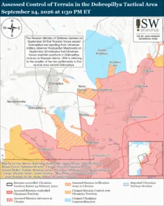 Assessed Control of Terrain in the Dobropillya Tactical Area, September 24, 2026 at 1:30 PM ET
