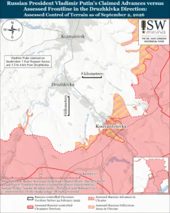 Russian President Vladimir Putin’s Claimed Advances versus Assessed Frontline in the Druzhkivka Direction: Assessed Control of Terrain as of September 2, 2026