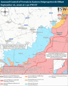 Assessed Control of Terrain in Eastern Dnipropetrovsk Oblast, September 16, 2026 at 1:30 PM ET