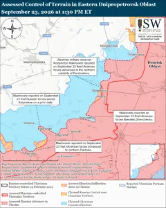 Assessed Control of Terrain in Eastern Dnipropetrovsk Oblast, September 23, 2026 at 1:30 PM ET