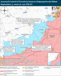 Assessed Control of Terrain in Eastern Dnipropetrovsk Oblast, September 3, 2026 at 1:30 PM ET