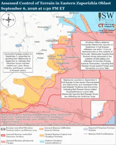 Assessed Control of Terrain in Eastern Zaporizhia Oblast, September 6, 2026 at 1:30 PM ET