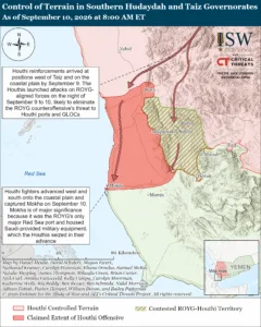 Control of Terrain in Southern Hudaydah and Taiz Governorates as of September 10, 2026 at 8:00 AM ET