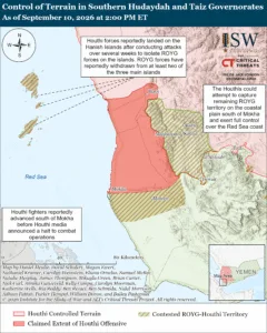 Control of Terrain in Southern Hudaydah and Taiz Governorates as of September 10, 2026 at 2:00 PM ET