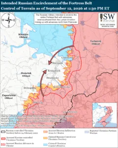 Intended Russian Encirclement of the Fortress Belt, Control of Terrain as of September 12, 2026 at 12:30 PM ET
