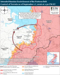 Intended Russian Encirclement of the Fortress Belt Control of Terrain as of September 17, 2026 at 1:30 PM ET