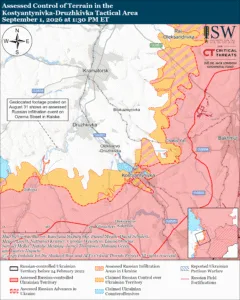 Assessed Control of Terrain in the Kostyantynivka-Druzhkivka Tactical Area, September 1, 2026 at 1:30 PM ET