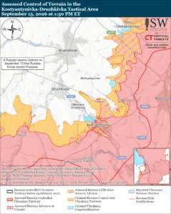 Assessed Control of Terrain in the Kostyantynivka-Druzhkivka Tactical Area, September 15, 2026 at 1:30 PM ET