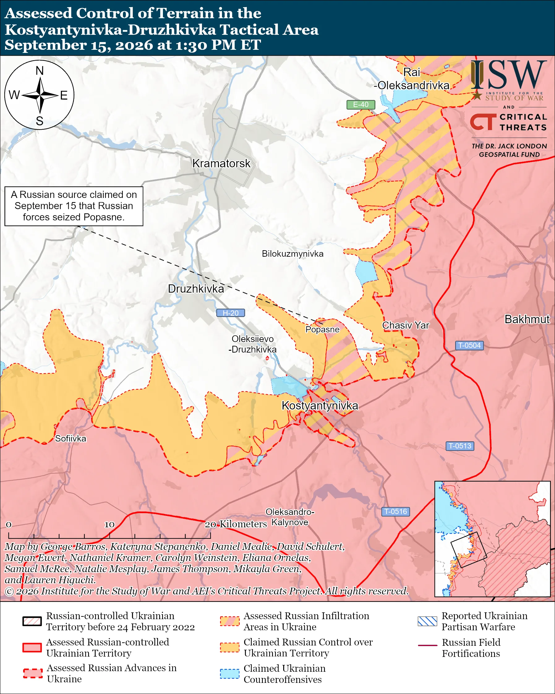 Assessed Control of Terrain in the Kostyantynivka-Druzhkivka Tactical Area, September 15, 2026 at 1:30 PM ET