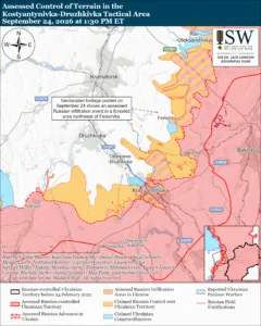 Assessed Control of Terrain in the Kostyantynivka-Druzhkivka Tactical Area, September 24, 2026 at 1:30 PM ET