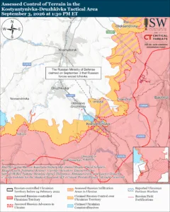 Assessed Control of Terrain in the Kostyantynivka-Druzhkivka Tactical Area, September 3, 2026 at 1:30 PM ET