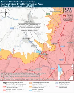 Assessed Control of Terrain in the Kostyantynivka-Druzhkivka Tactical Area, September 6, 2026 at 1:30 PM ET