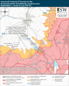 Assessed Control of Terrain in the Kostyantynivka-Druzhkivka Tactical Area, September 7, 2026 at 1:30 PM ET