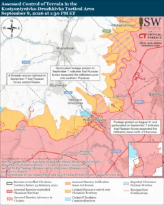 Assessed Control of Terrain in the Kostyantynivka-Druzhkivka Tactical Area, September 8, 2026 at 1:30 PM ET