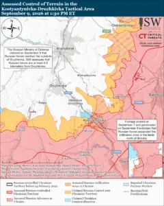 Assessed Control of Terrain in the Kostyantynivka-Druzhkivka Tactical Area, September 9, 2026 at 1:30 PM ET