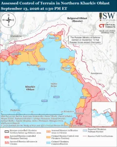 Assessed Control of Terrain in Northern Kharkiv Oblast, September 13, 2026 at 1:30 PM ET