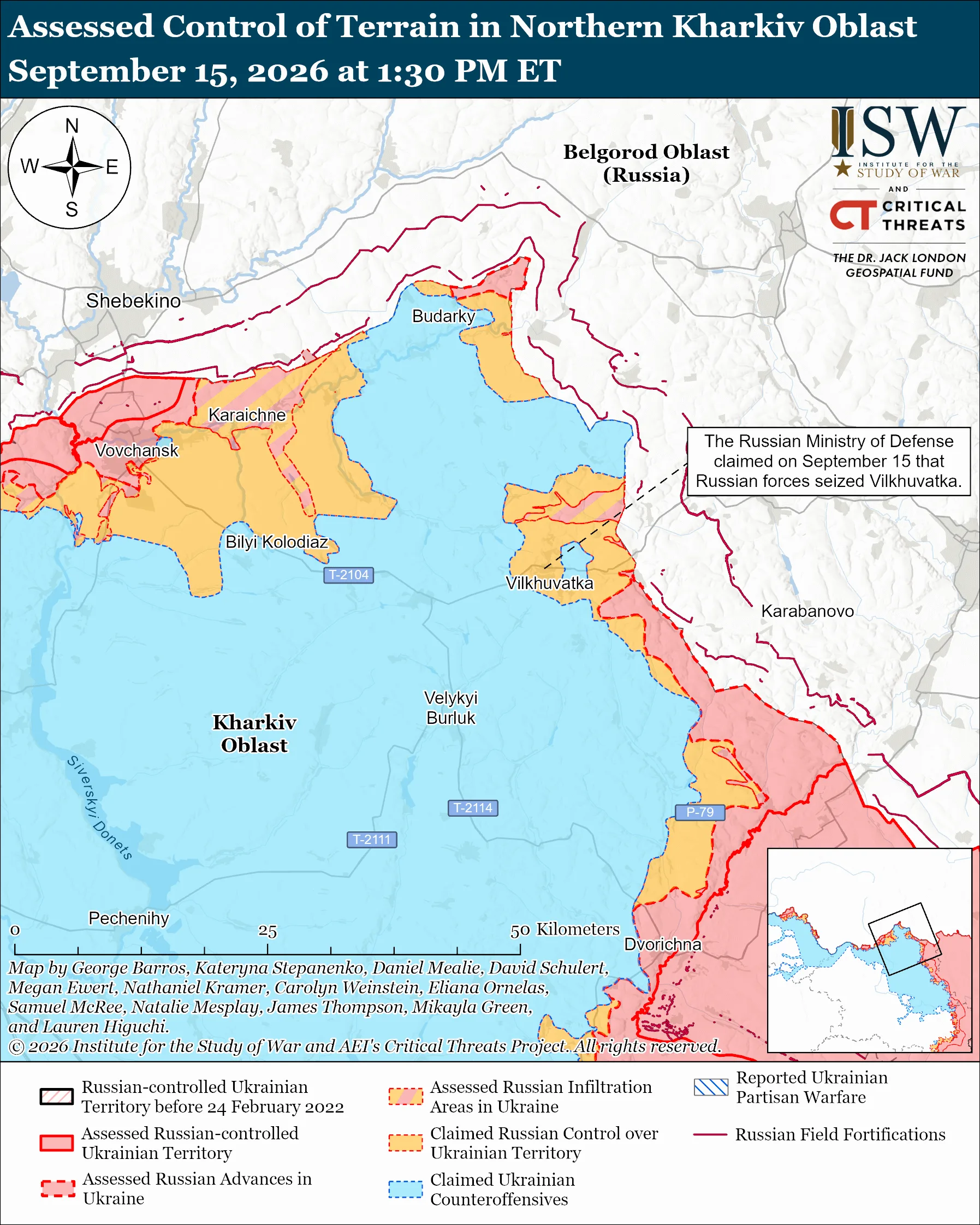 Assessed Control of Terrain in Northern Kharkiv Oblast, September 15, 2026 at 1:30 PM ET