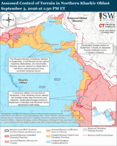 Assessed Control of Terrain in Northern Kharkiv Oblast, September 3, 2026 at 1:30 PM ET