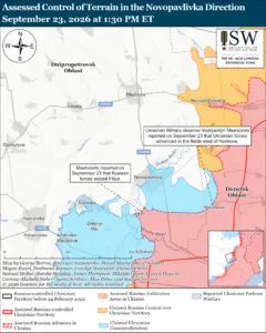 Assessed Control of Terrain in the Novopavlivka Direction, September 23, 2026 at 1:30 PM ET