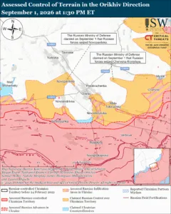 Assessed Control of Terrain in the Orikhiv Direction, September 1, 2026 at 1:30 PM ET
