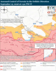 Assessed Control of Terrain in the Orikhiv Direction, September 15, 2026 at 1:30 PM ET