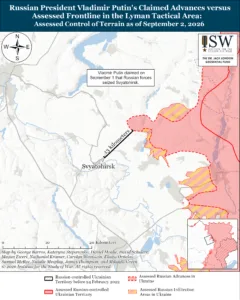 Russian President Vladimir Putin’s Claimed Advances versus Assessed Frontline in the Lyman Tactical Area: Assessed Control of Terrain as of September 2, 2026