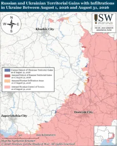 Russian and Ukrainian Territorial Gains with Infiltrations in Ukraine Between August 1, 2026 and August 31, 2026