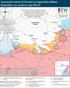 Assessed Control of Terrain in Zaporizhia Oblast, September 24, 2026 at 1:30 PM ET