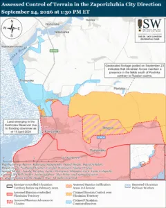 Assessed Control of Terrain in the Zaporizhzhia City Direction, September 24, 2026 at 1:30 PM ET